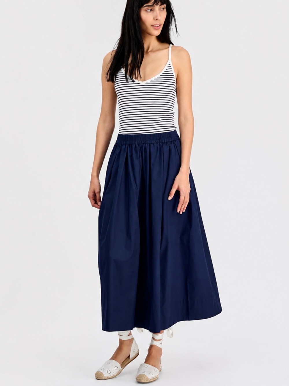 097- On 34th Navy Blue Pull-On Cotton Poplin Midi Skirt Size Large